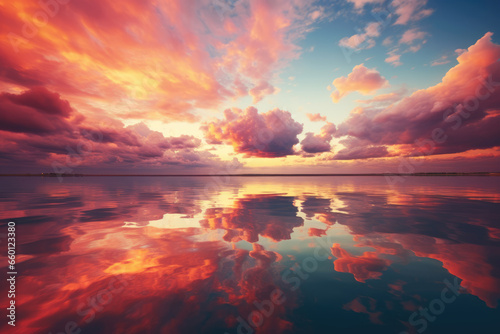 Sun Setting Over Water with Colorful Sky and Clouds with Reflection, Generative AI © illuminating images