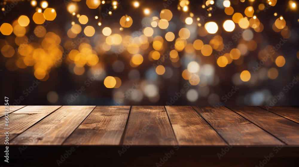 An empty wooden place for the product with a festive shiny blurred background