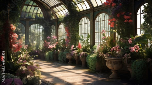 A verdant greenhouse nurturing a plethora of exotic and rare blooms.