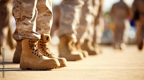 Close-up of men soldiers legs in uniform and boots on the sand ground. Line at military camp. Army defense, mobilization and conscription. Banner. Copy space photo