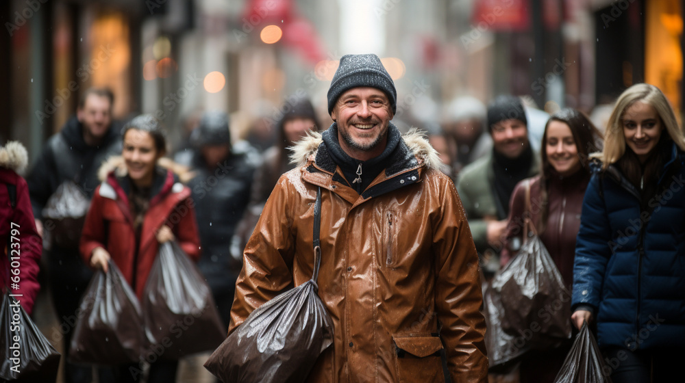Shoppers carrying overflowing bags filled with Boxing Day bargains as they navigate a bustling shopping district Shoppers carrying overflowing bags filled with Boxing Day bargains as they navigate a bustling shopping district