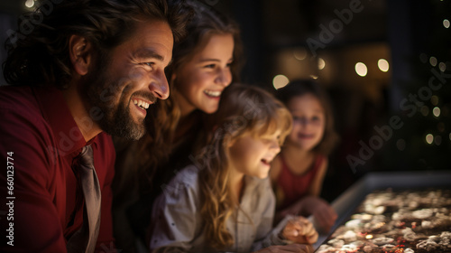 A family gathered around a TV  watching a classic holiday movie together on Boxing Day evening