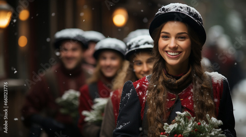 A cheerful group of carolers singing traditional holiday songs in a charming, snow-covered village square © Наталья Евтехова