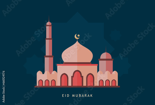 Vector illustration of a mosque. Eid Mubarak, Hajj Mabroor.