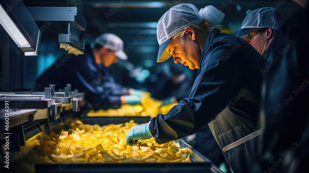 Conveyor line for the production of potato chips. The worker performs quality control to produce tasty chips. 