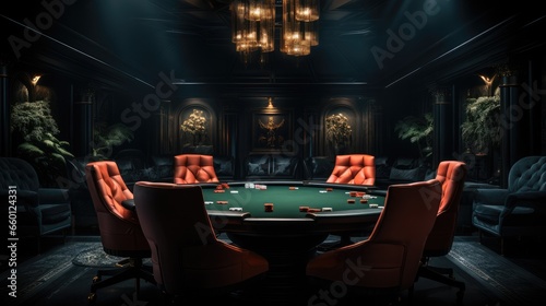A dark modern secret poker game room, big round table in the room.