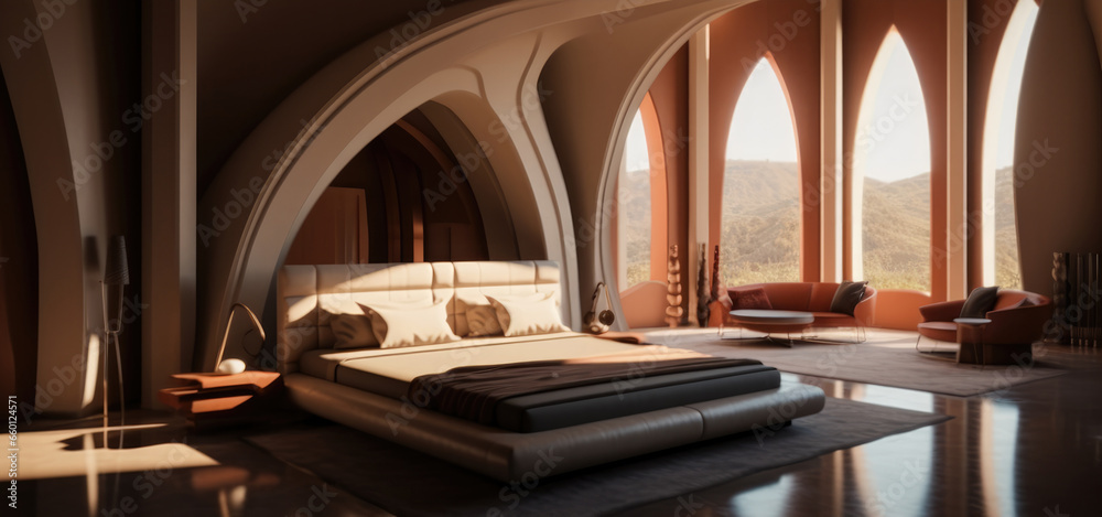 Large bedroom of an ultra-modern luxury private residence.