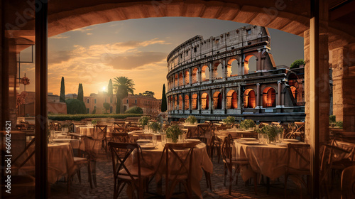 Сafe overlooking evening Colosseum in historic center of Rome. Fall travel. Banner. photo