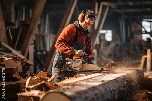 Lumberman. fueling chainsaw during work at sawmill