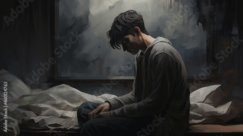 young man with a black hair sitting on the floor and looking at his head © Vahagn
