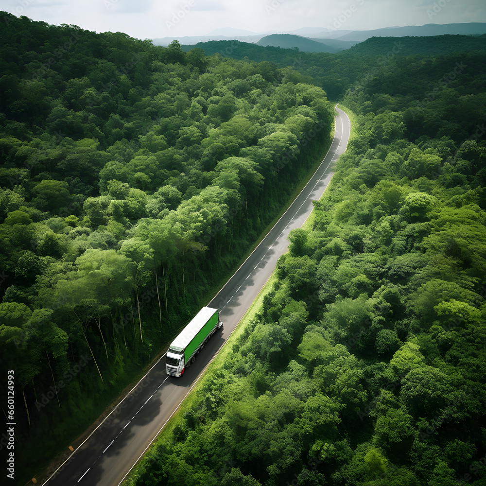 top down view of container truck driving on empty road through green forest