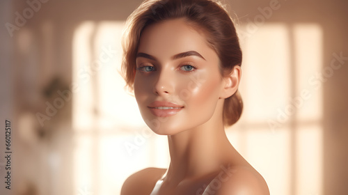 Beautiful woman with clean and clear skin, skin care ad concept 