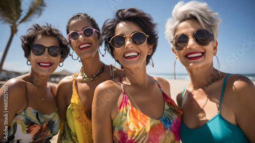 Grupo de mujeres latinas maduras de tamaño mediano en la playa junto al mar sin gafas con  trajes de baño brillantes photo