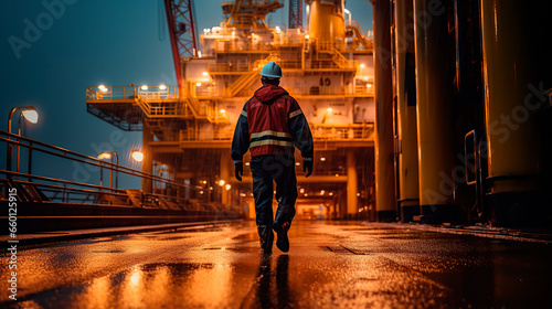 Close up of Offshore oil rig worker walks to an oil and gas facility to work in the process area photo
