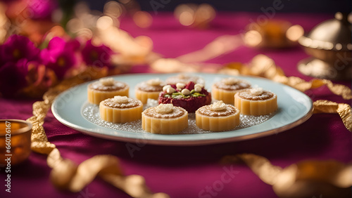 Traditional Arabic sweets for Ramadan and Eid on a plate. selective focus