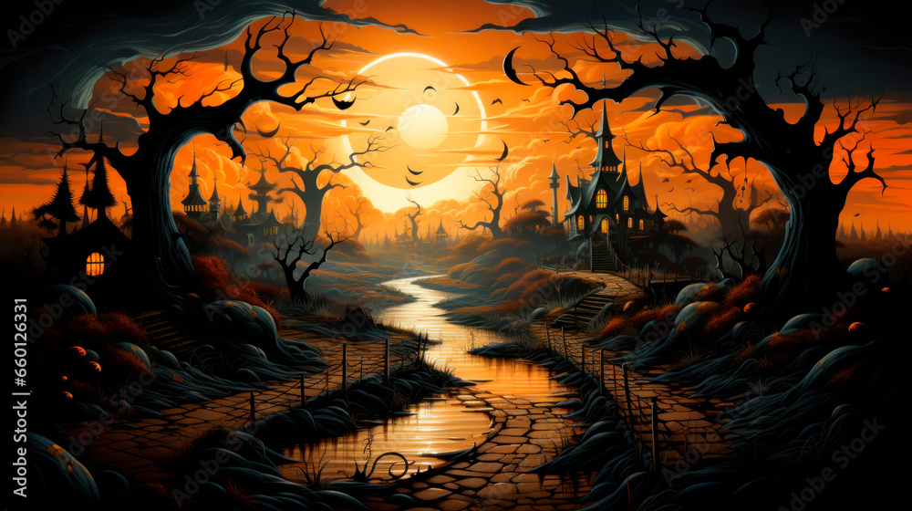 Halloween scene with pumpkins and bats.Illustration.