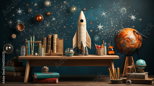 Zurück zum Schulkonzept mit Rakete, Büchern, Bleistiften und Sternen.