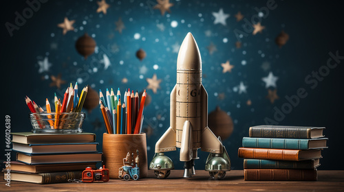 Zurück zum Schulkonzept mit Rakete, Büchern, Bleistiften und Sternen.