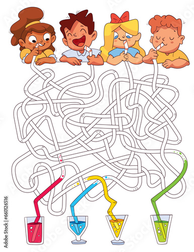 Children logic game to pass maze. Kids drink cocktails. Color straws and find out whose cocktail. Educational game for kids. Attention task. Choose right path. Funny cartoon character. Worksheet page