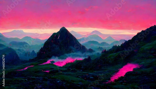 mosscore vaporwave sunset in lush mountains  photo