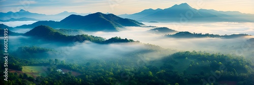  Aerial view of Foggy landscape in the jungle.