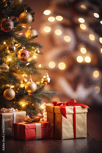 decorated Christmas tree with gifts around, Bokeh effect for a blurred background