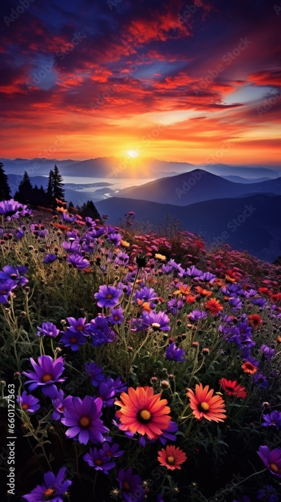 Wildflowers, in a dance of colors, swaying gently with the breeze on a hillside.