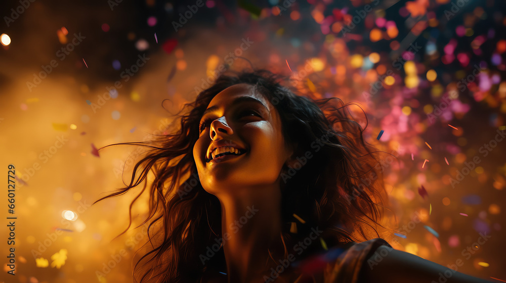 Girl at a night open air party festival with fireworks and dry holi colors. Creative banner for youth party concert. Girl at a night open air party festival with fireworks and dry holi colors. Creative banner for youth party concert.