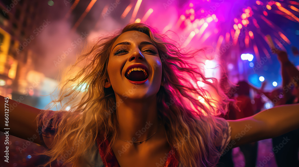 Girl at a night open air party festival with fireworks and dry holi colors. Creative banner for youth party concert. Girl at a night open air party festival with fireworks and dry holi colors. Creative banner for youth party concert.