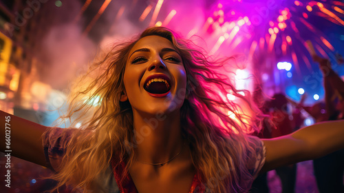 Girl at a night open air party festival with fireworks and dry holi colors. Creative banner for youth party concert.