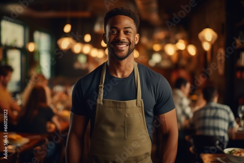 African American waiter man standing in front of bar at restaurant .