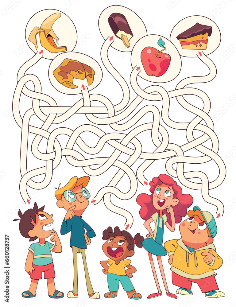Maze for children. Kids choose their favorite food. Educational game for kids. Attention task. Choose right path. Funny cartoon character. Worksheet page. Vector illustration. Isolated on white