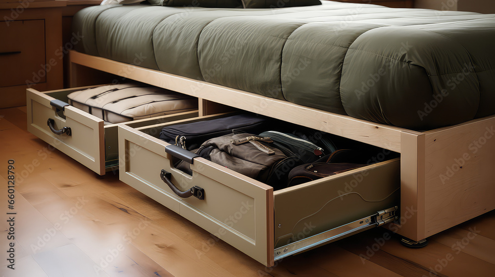 Fototapeta premium Under - Bed Storage closeup. Modern bed with drawers for cloths, linens and seasonal items. Comfortable bed with storage system. 