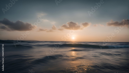 Beautiful sunset on the sea. Seascape with clouds and waves