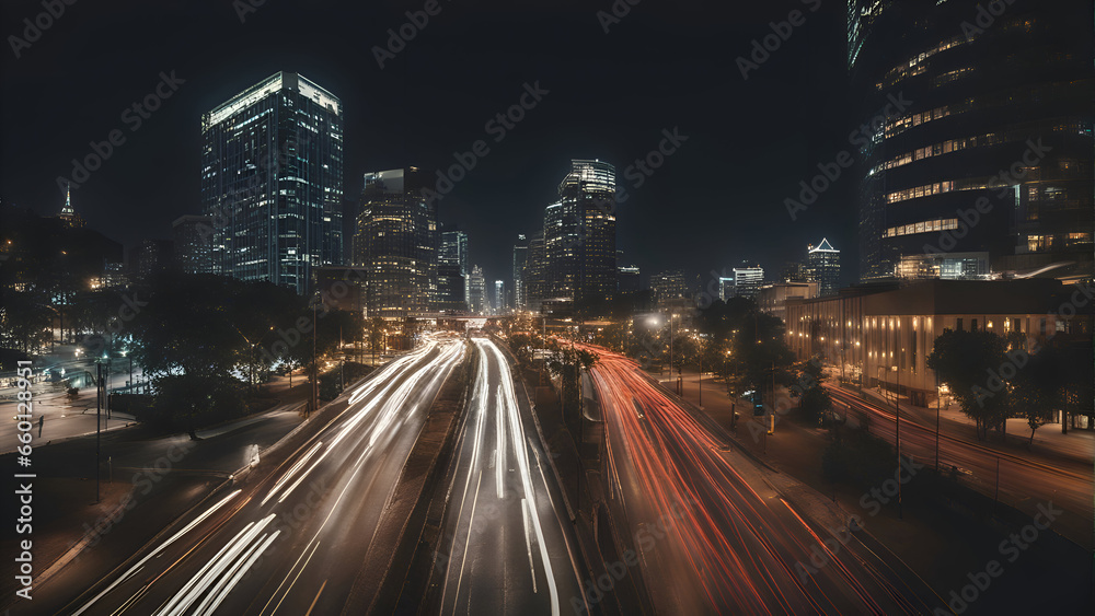 Traffic in downtown Los Angeles at night. California. USA.