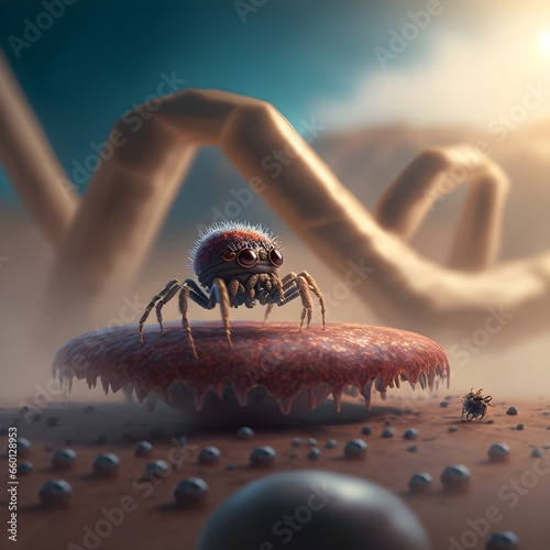 A jumping spider sitting on top of a toadstool photography Cinematic lighting Unreal Engine Normal perspective Made of iron Medium format camera Dramatic scene  photo