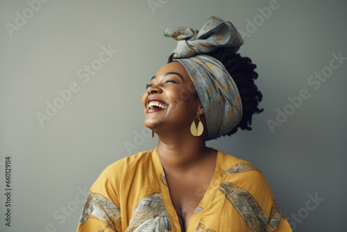 Portrait of a laughing African American woman in yellow clothing with a fancy scarf tied on her head against a gray wall.