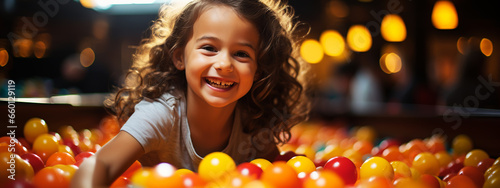 Cute smiling kid in sponge ball pool looking at camera