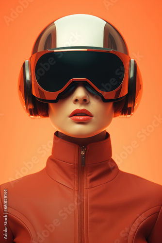 Futuristic retro portrait of a girl wearing an orange leather jacket with a surrealistic helmet on an orange background. © Владимир Солдатов