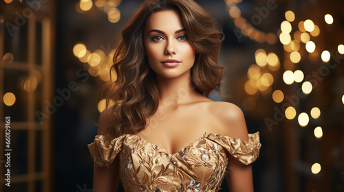 Sexy Girl in Golden Party Dress. Fashion Woman with Glamour Makeup