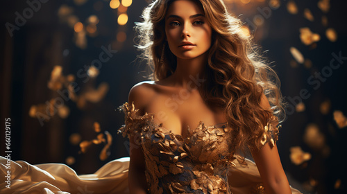 Fototapeta Sexy Girl in Golden Party Dress. Fashion Woman with Glamour Makeup