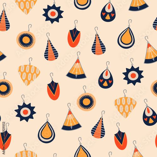 Seamless pattern with female vintage earrings. Boho style accessories on pink background. Vector illustration