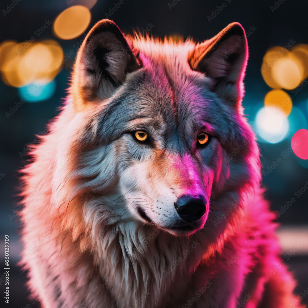 weißer Wolf mit neon Lichtern weißer Wolf mit neon Lichtern