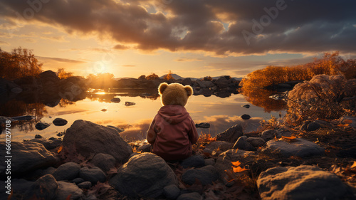 A toy bear sits on the shore of a lake at sunset