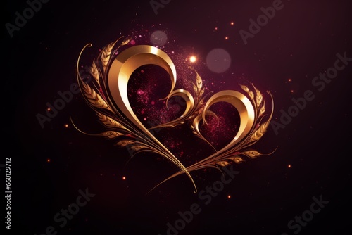 Beautiful golden heart with leaves on a dark background. Valentine's Day. Card notes. photo