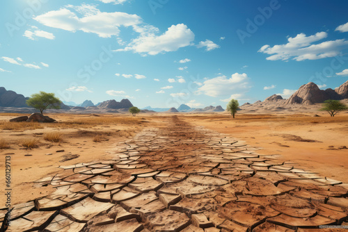 A dusty, arid desert landscape shimmering in the scorching sun. Concept of desert heat. Generative Ai.
