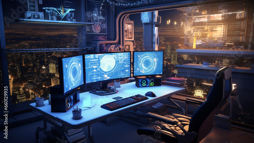 Fototapeta Naklejka Na Ścianę i Meble -  futuristic spaceship in dark interior with blue computer and space ship