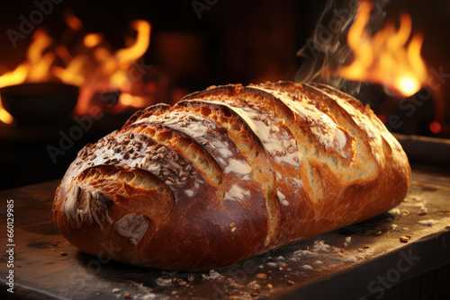 The warm and comforting aroma of freshly baked bread wafting from a bakery. Concept of sensory beauty. Generative Ai.