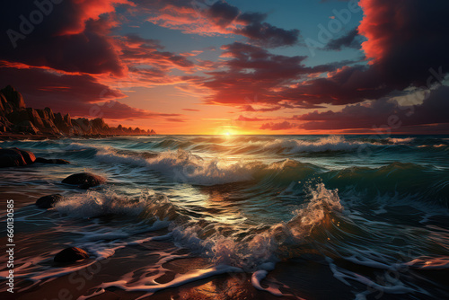 A striking sunset casting a warm, golden glow over a tranquil seascape. Concept of a serene sunset. Generative Ai. © Sebastian