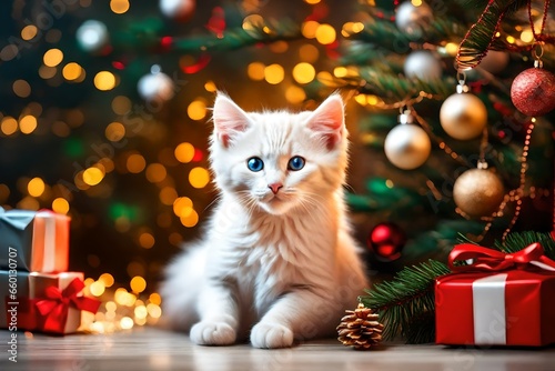 Beatiful white kitten sits under christmas tree with gifts and light blur background 